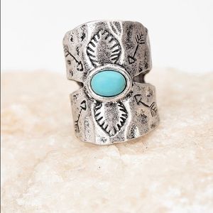 Boho chunky turquoise ring tribal etched detail